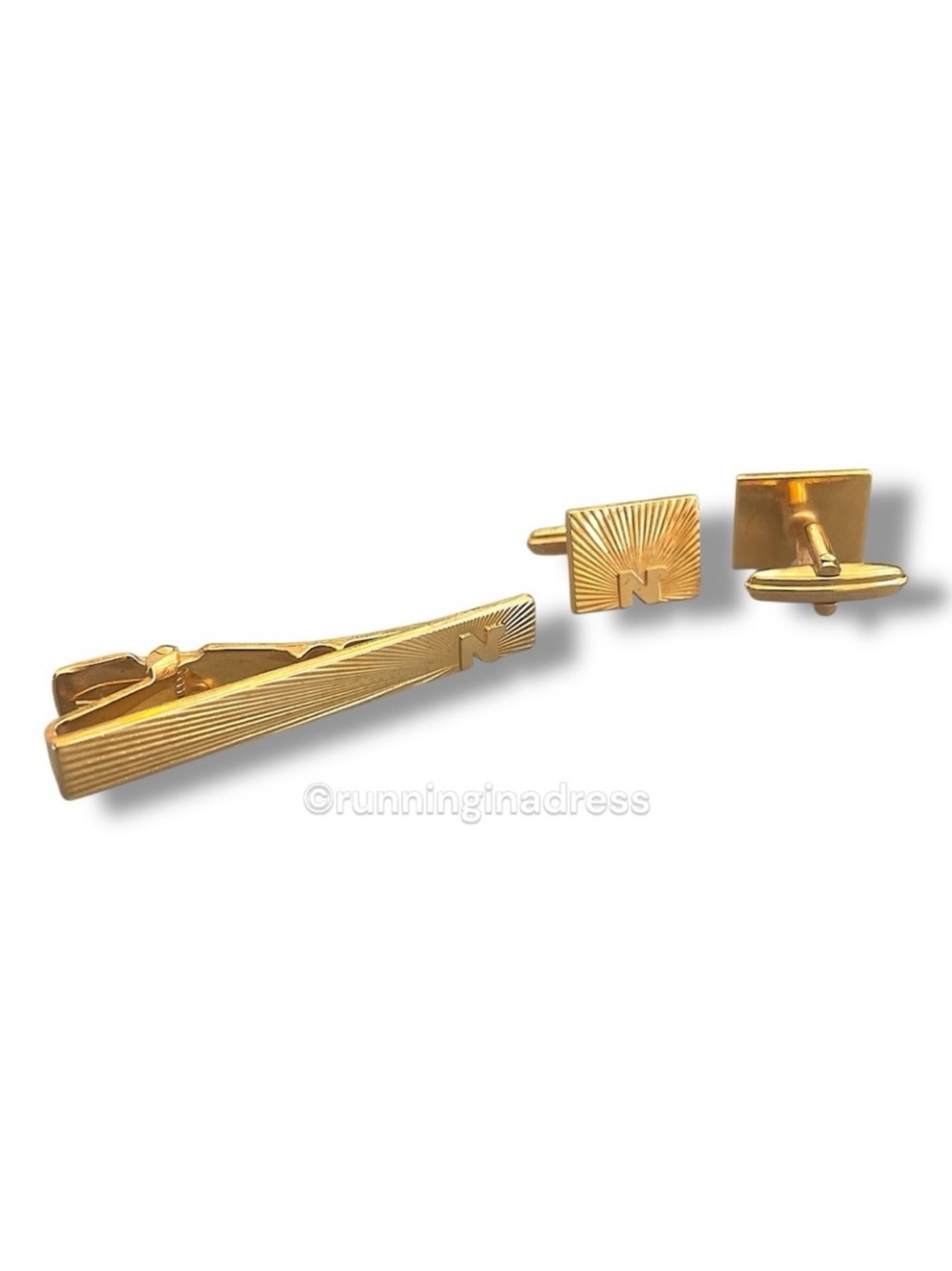 Vintage Nina Ricci Nina Ricci Paris Gold Sunburst Cufflinks & Tie Clip Bar Set N